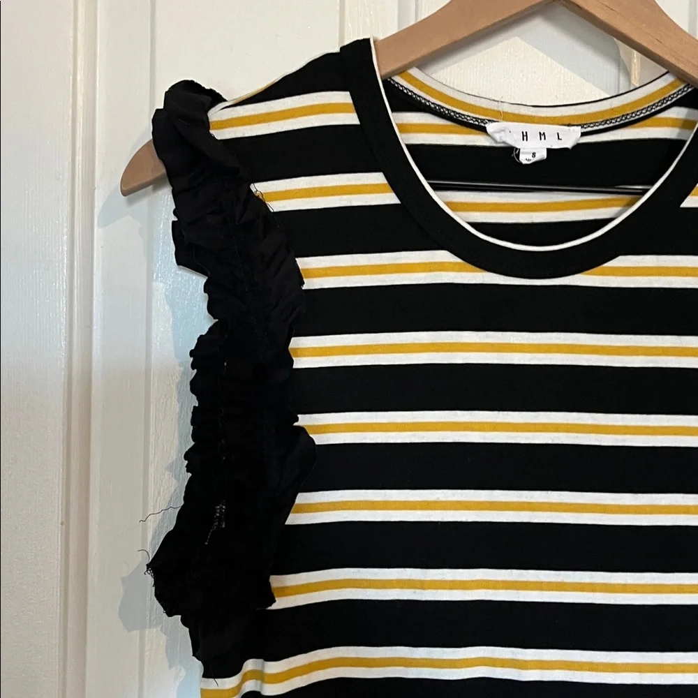 THML | Black/White/Yellow Striped Round‎ Neck Ruffle Sleeveless Top Small